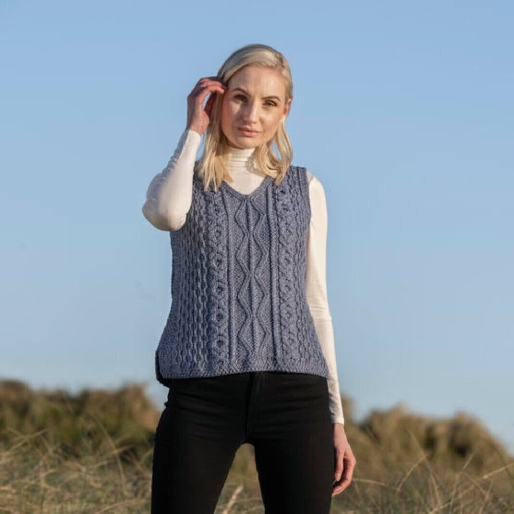 Ladies’ Aran 100% Merino Wool V-Neck Sweater Vest,  Blue Made In Ireland Size S
